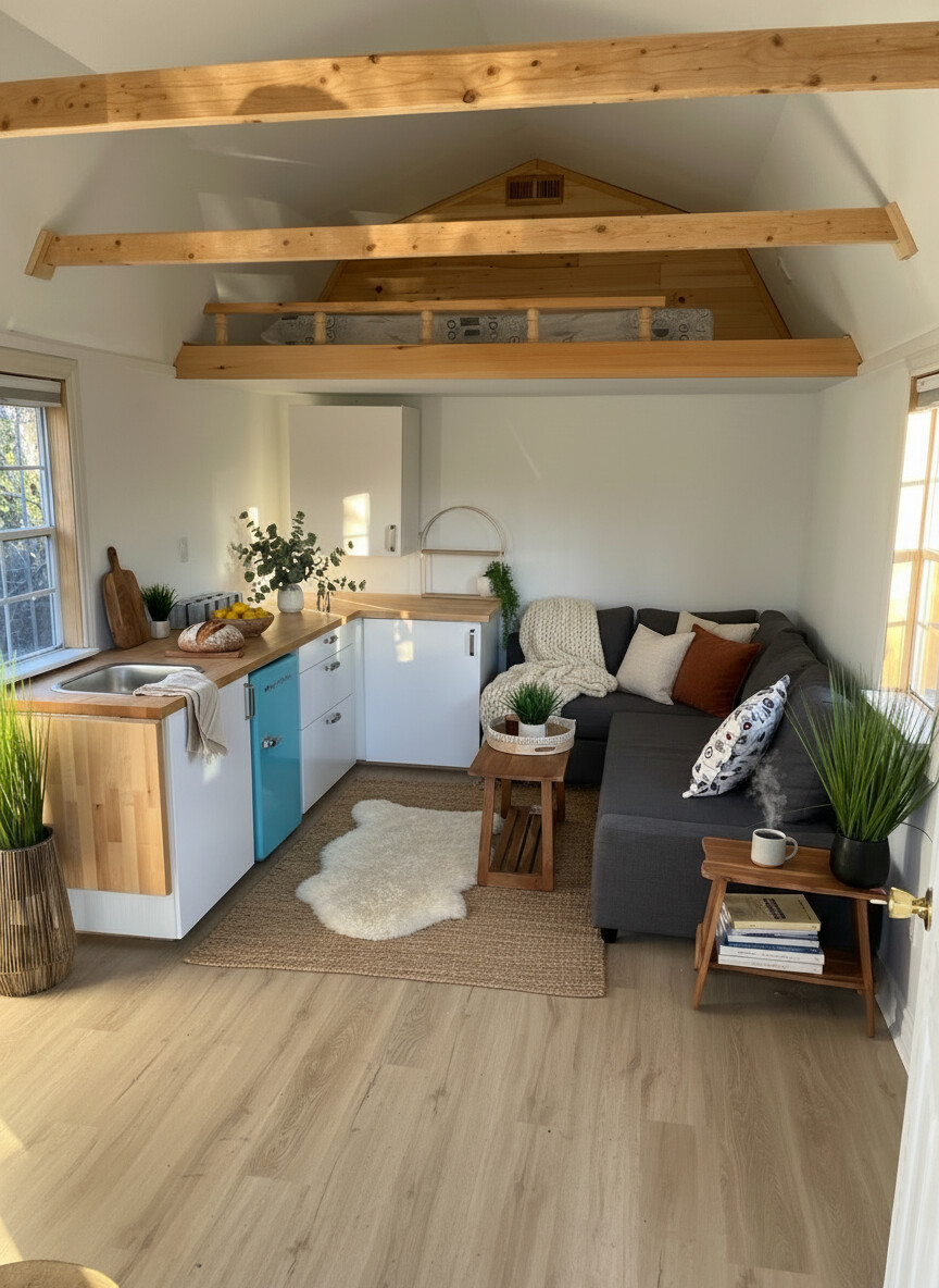 Tiny house interior with loft